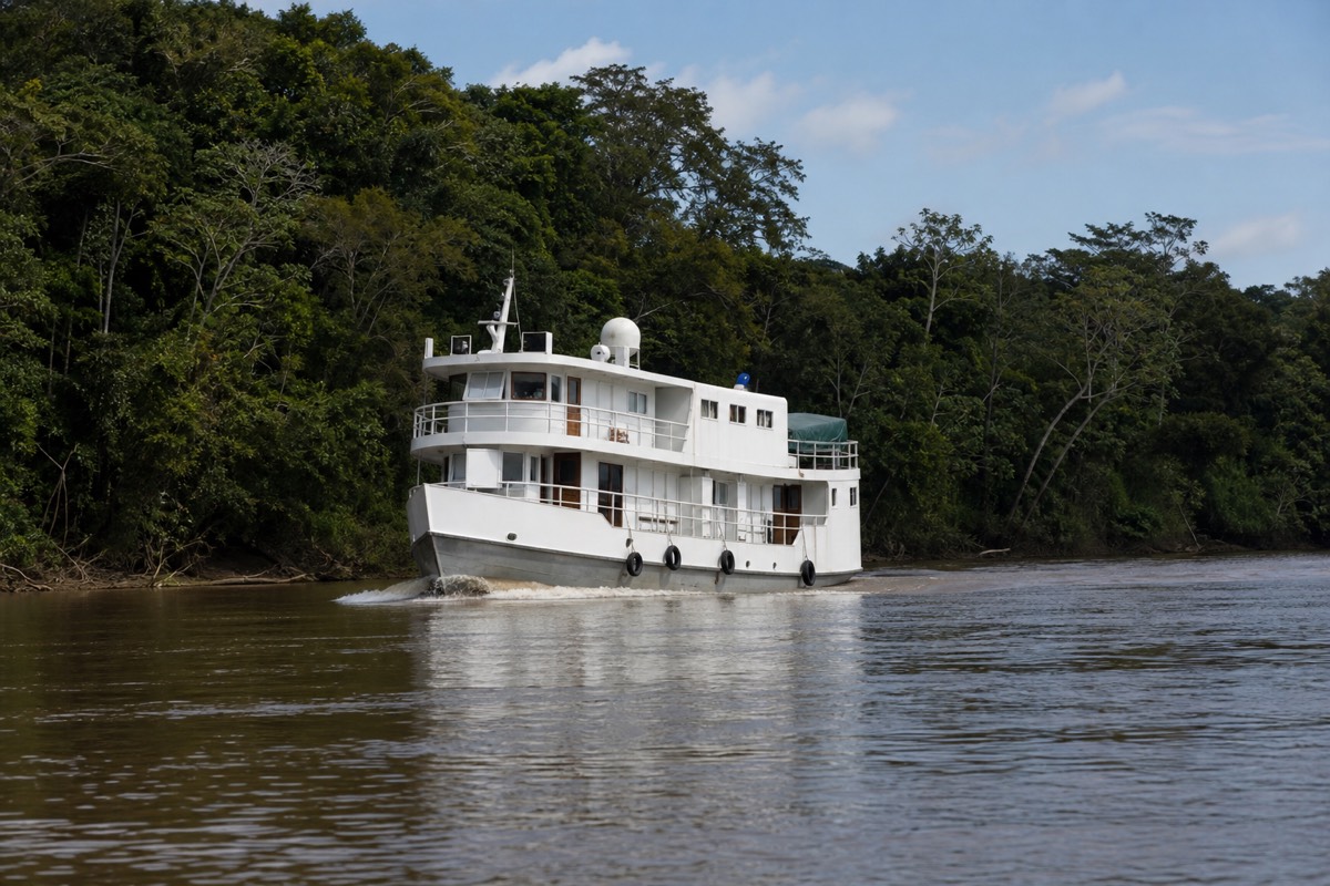 A river cruise vessel moored on a wide bend of the Amazon at dawn near Iquitos, Peru