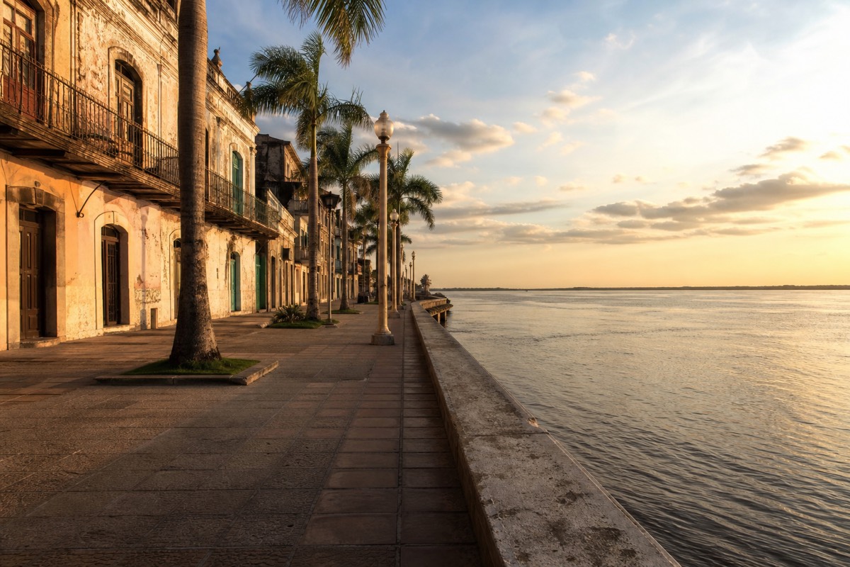 The Malecon riverfront promenade in Iquitos, Peru, looking out over the Amazon at dusk