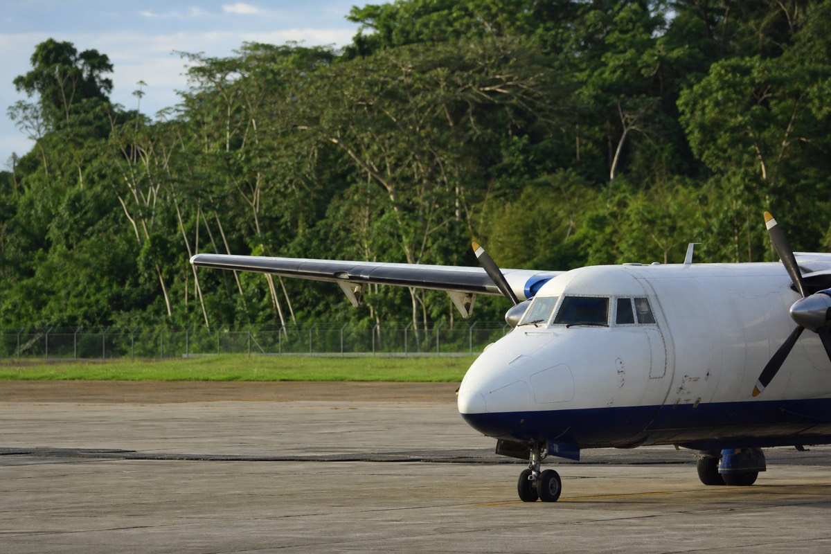 A small plane at the jungle-ringed Iquitos airport