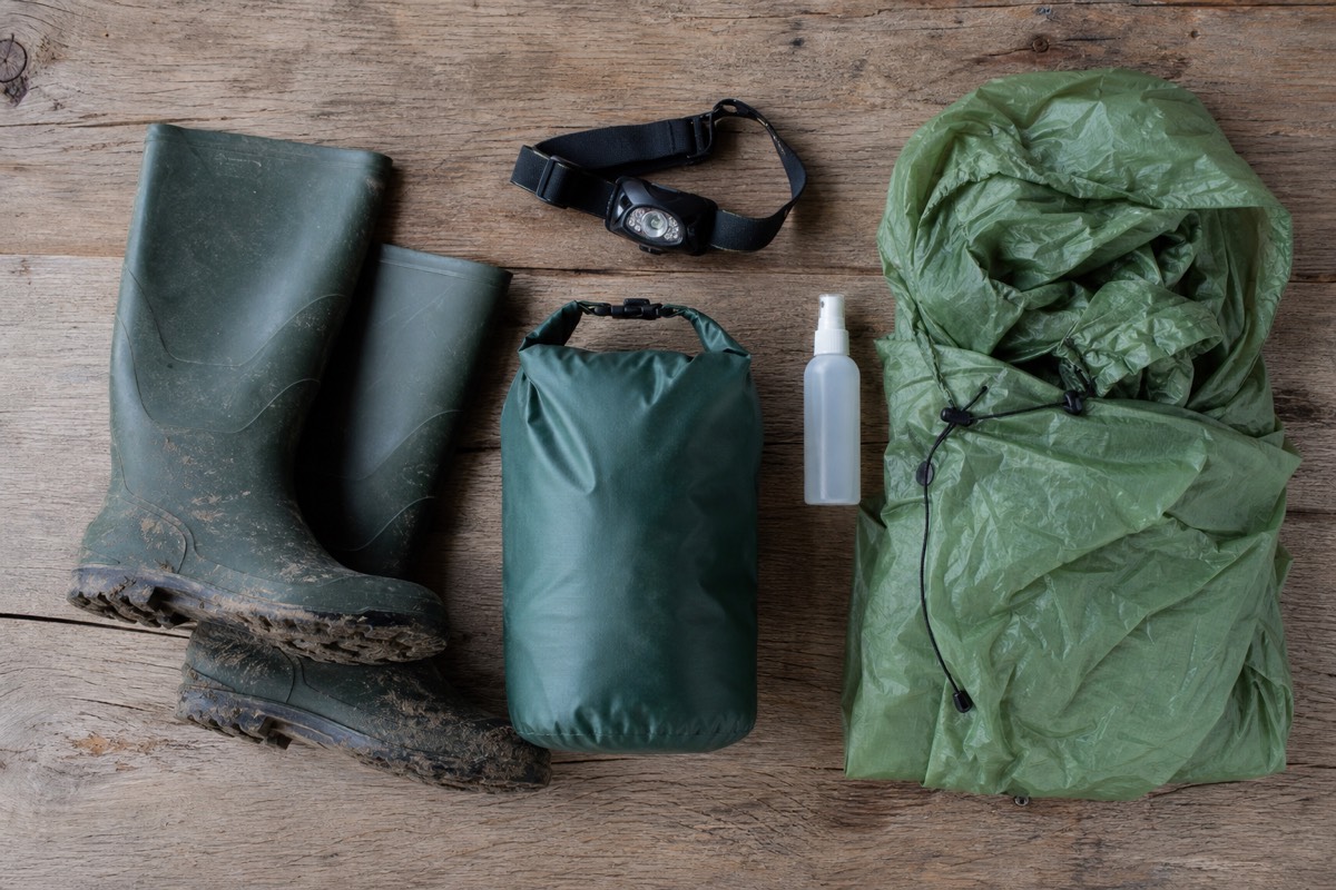 Flat lay of Amazon jungle tour packing gear including long sleeves, boots, repellent and a dry bag