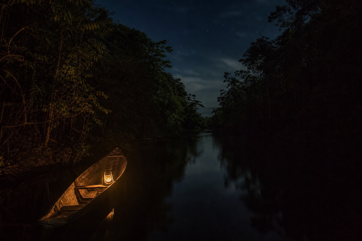 A spotlight beam picking out caiman eye-shine on a night jungle excursion